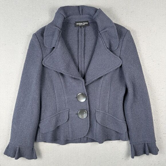 Vivian‎ Shyu Wool Blazer Jacket Women’s Small Navy Blue Ruffle Button Front - Picture 1 of 16